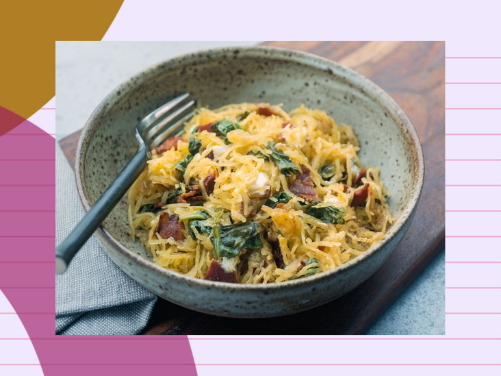 Spaghetti squash with spinach, bacon, and goat cheese