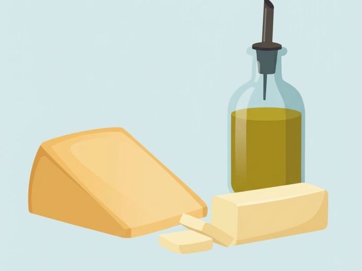 Illustration of cheese, butter, and olive oil in realistic colors