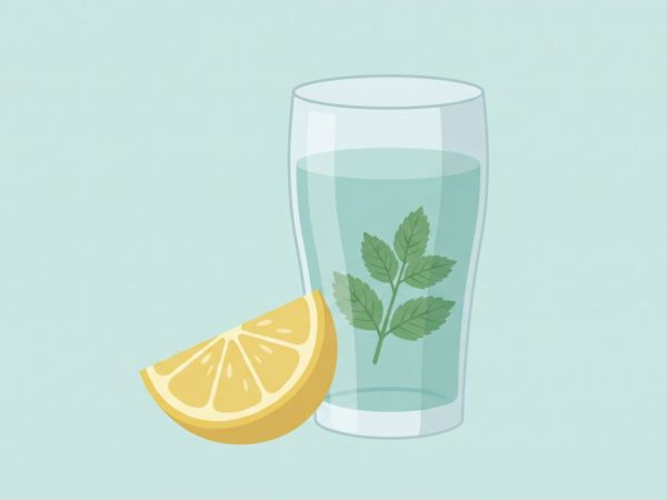 Illustration of a glass of water with mint and a lemon wedge representing taste changes and hydration