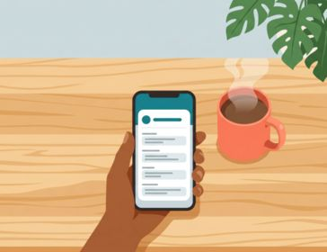 Close-up illustration of a hand holding a phone showing an email newsletter beside a steaming coral mug on a light wood table, with a hint of a houseplant in the corner