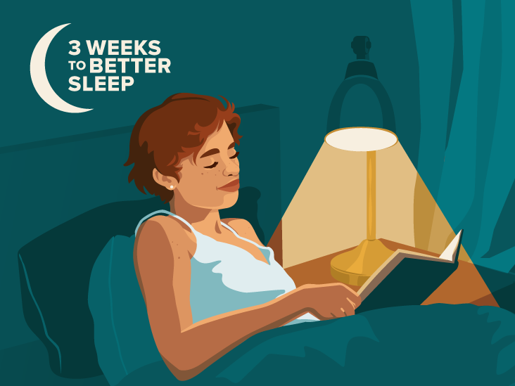 3 Weeks to Better Sleep illustration of a woman reading in bed by lamplight