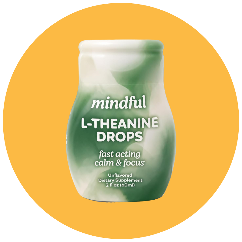 Bottle of Mindful L-Theanine Drops on a yellow circle