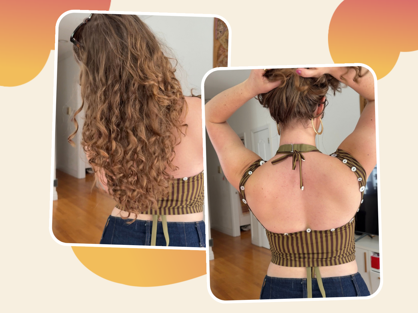 A Healthline tester's long curly hair and upper back, photographed while testing filtered showerheads