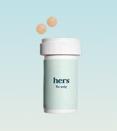 Hers prescription hair loss treatment bottle with 2 tablets