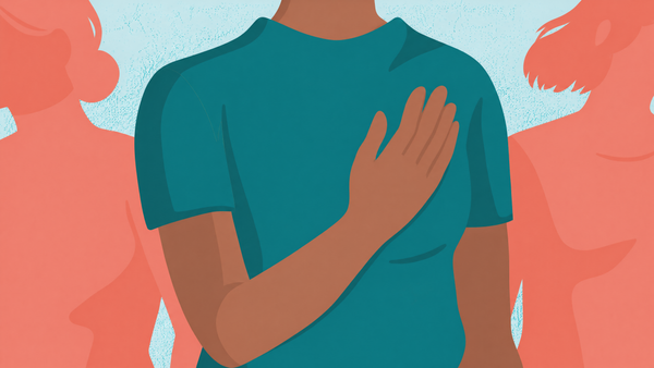 Illustration of a person with a hand over their heart, surrounded by supportive silhouettes