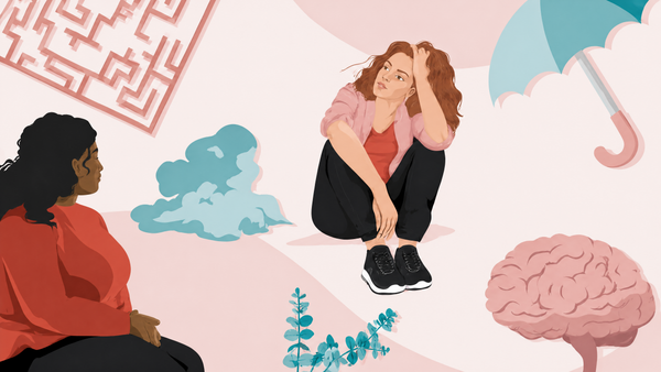 Illustration of two people sitting among a maze, clouds, an umbrella, and a brain