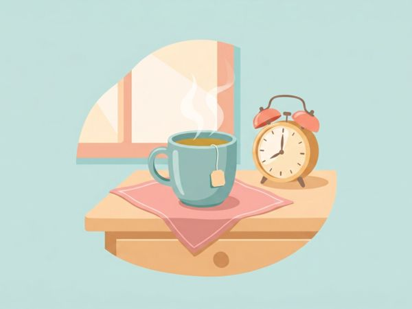 Illustration of a steaming mug of tea next to a small alarm clock representing daytime fatigue