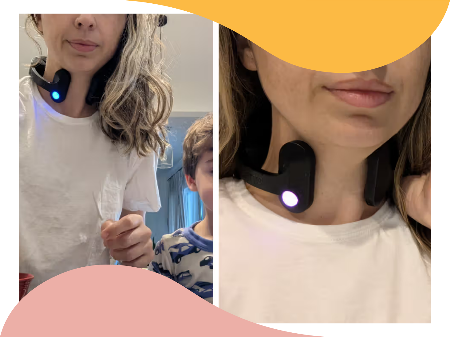 Two people wearing at-home vagus nerve stimulator devices around their necks