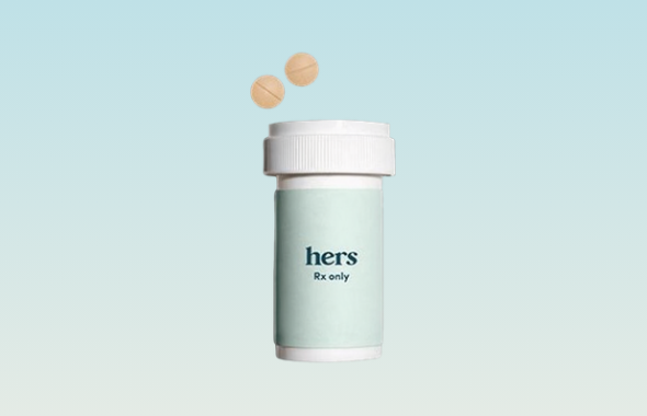 Hers prescription hair loss treatment bottle with 2 tablets