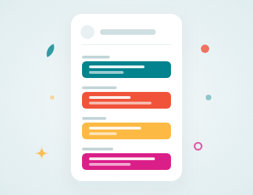 Minimalist illustration of a single newsletter with four color-coded section bars in teal, coral, gold, and magenta
