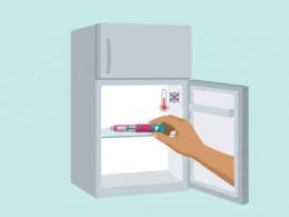 Illustration of a hand placing a medication pen into a refrigerator