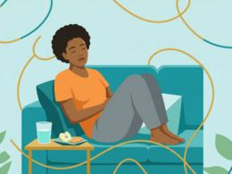 Illustration of a person resting on a couch with water and a snack nearby