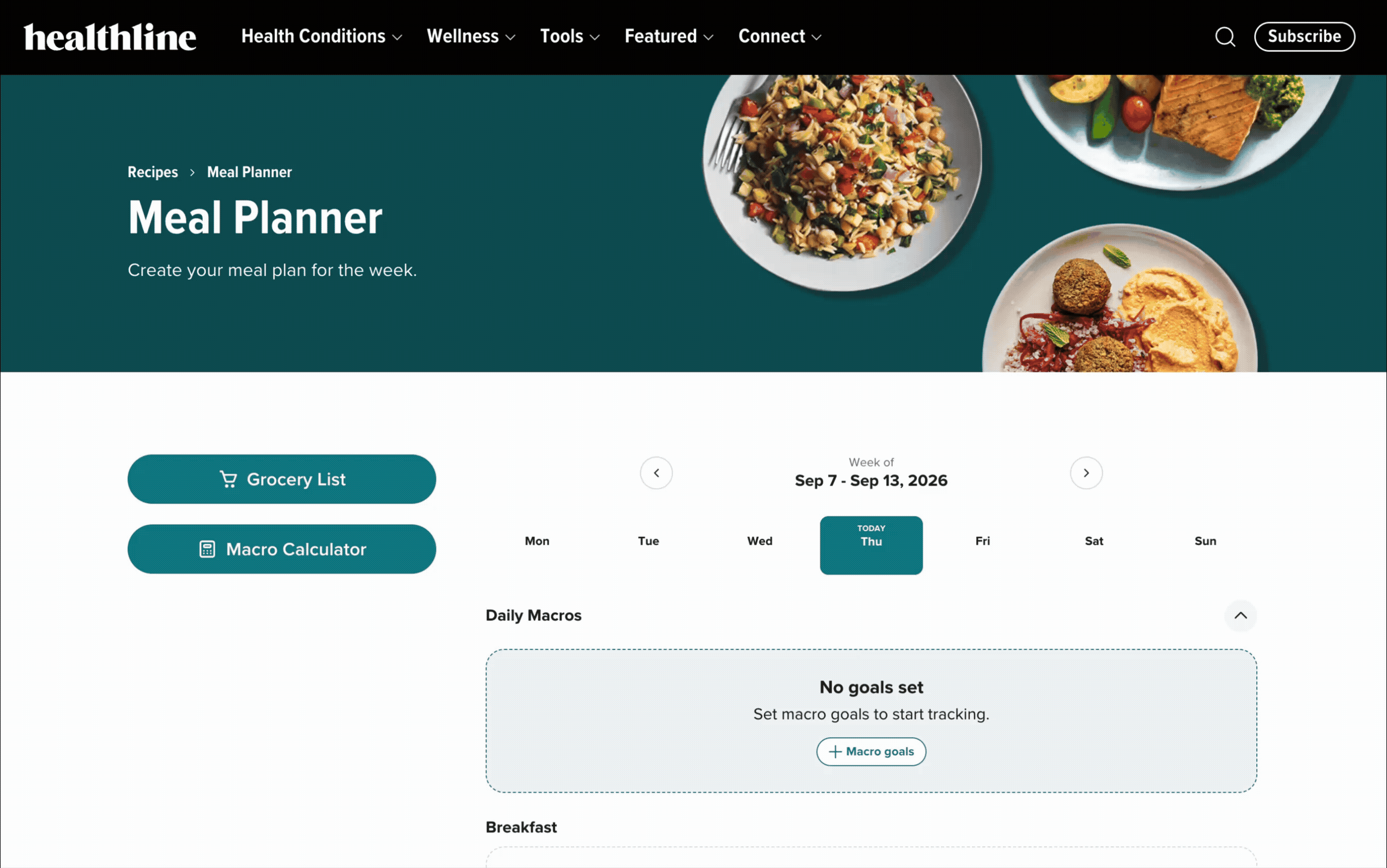 Animated preview of the Healthline Meal Planner tool: browsing recipes and building a weekly plan with calories and macros.