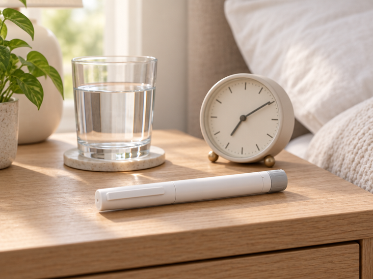 An injection pen on a nightstand beside a glass of water and a clock