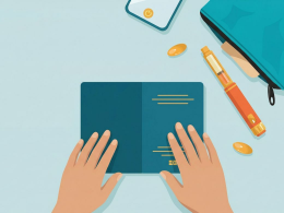 Illustration of travel documents and a medication pen with insulated case