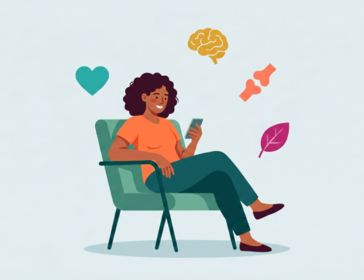 Person relaxing while reading health content on phone with condition topic icons
