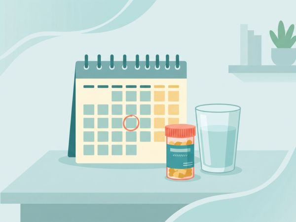 Illustration of a calendar and a small pill bottle with a glass of water representing tracking medication side effects