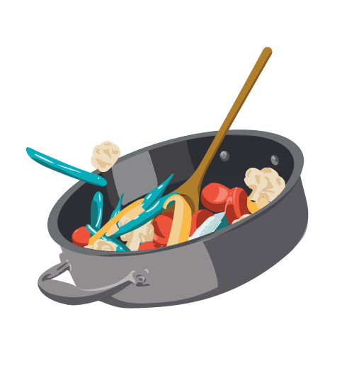 Illustration of a pan of vegetables with a wooden spoon