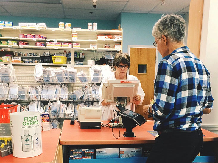 A customer paying for medication at a pharmacy counter