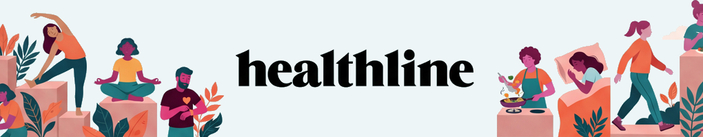 Healthline, illustrated people stretching, meditating, cooking, reading, and walking