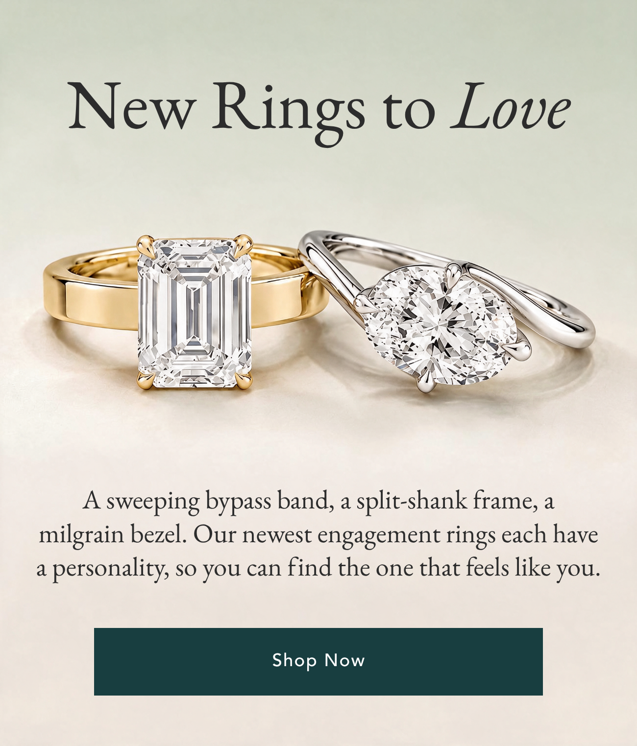 New Rings to Love. A sweeping bypass band, a split-shank frame, a milgrain bezel. Our newest engagement rings each have a personality, so you can find the one that feels like you. Shop Now