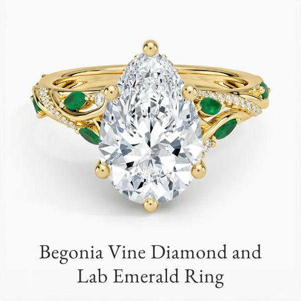 Begonia Vine Diamond and Lab Emerald Ring